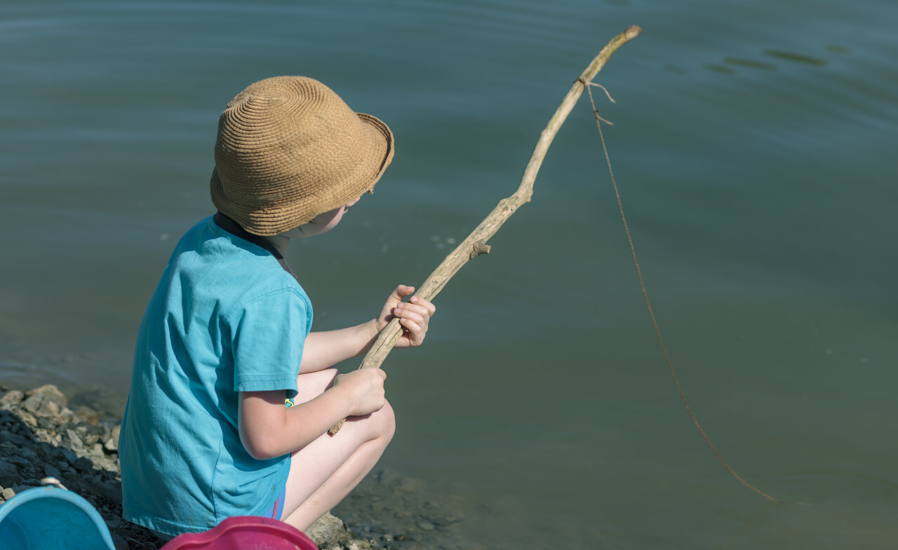 child with a self-made fishing rod from a branch and a line on a lake -  Photo #1339 - motosha