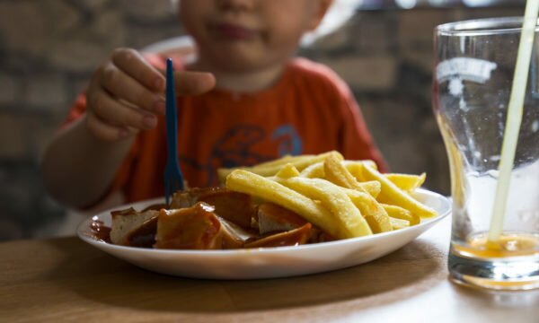 child eats currywurst with chips child eats currywurst with chips